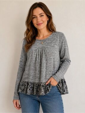 Doe & Rae Heather Gray Long Sleeve Top with Ruffled Printed Hem